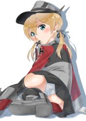 Rule 34 | 10s, 1girl, anchor hair ornament, arai kogane, ass, black ribbon, blonde hair, blue eyes, blush, cross, from behind, hair between eyes, hair ornament, hair ribbon, hat, highres, iron cross, kantai collection, kneepits, long hair, long sleeves, looking back, military, military uniform, mouth hold, panties, peaked cap, prinz eugen (kancolle), ribbon, silhouette, solo, twintails, underwear, uniform, white panties