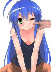 Rule 34 | 00s, 1girl, 1other, azuse neko, blue hair, breasts, casual, cheek poking, downblouse, green eyes, izumi konata, long hair, lucky star, mole, mole under eye, no bra, one eye closed, poking, simple background, small breasts, solo focus, white background, wink