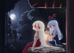 Rule 34 | 2girls, absurdly long hair, absurdres, arms at sides, bamboo, bamboo forest, blue dress, blue eyes, blue hair, blue headwear, bright pupils, brushing hair, candle, comb, commentary, crescent moon, dress, eyebrows hidden by hair, fire, fire, forest, fujiwara no mokou, hair between eyes, hat, highres, holding, holding comb, holding hair, juliet sleeves, kamishirasawa keine, light blue hair, long hair, long sleeves, looking at viewer, looking to the side, moon, multiple girls, nature, neckerchief, night, night sky, no mouth, pants, puffy short sleeves, puffy sleeves, red eyes, red neckerchief, red pants, seiza, shirt, short sleeves, sitting, sky, suspenders, sweet reverie, tokin hat, touhou, veranda, very long hair, white hair, white pupils, white shirt