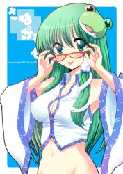 Rule 34 | 1girl, asai ichiko, bespectacled, bottomless, breasts, cleavage, detached sleeves, covered erect nipples, female focus, frog, glasses, green eyes, green hair, groin, japanese clothes, kochiya sanae, long hair, matching hair/eyes, navel, snake, solo, tongue, touhou
