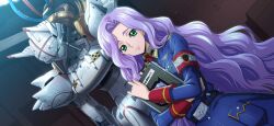 Rule 34 | 1girl, alexander (code geass), anna clement, armband, artist request, belt, belt buckle, blue dress, book, bookmark, breast pocket, buckle, buttons, cable, closed mouth, code geass, code geass: boukoku no akito, code geass: lost stories, collared dress, crossed arms, dress, female focus, forehead, game cg, green eyes, hair intakes, hand up, holding, holding book, hugging object, indoors, light particles, long hair, long sleeves, looking at viewer, mecha, military uniform, necktie, non-web source, official art, pocket, purple hair, red necktie, robot, sidelocks, solo, standing, uniform, upper body, very long hair
