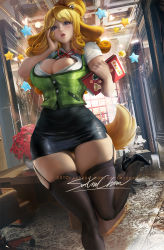 Rule 34 | 1girl, animal ears, artist name, black footwear, blonde hair, book, breasts, cleavage, curly hair, curvy, dog ears, dog tail, animal crossing, female focus, garter straps, high heels, holding, holding book, indoors, large breasts, bridal garter, lips, long hair, nintendo, office, parted lips, patreon username, personification, sakimichan, isabelle (animal crossing), signature, skindentation, skirt, solo, tail, thick thighs, thighhighs, thighs, watermark, web address, wide hips