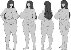 Rule 34 | 1girl, ass, breasts, full body, huge breasts, long hair, monochrome, nipples, nude, otzer, plump, standing, thick thighs, thighs