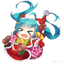 Rule 34 | &gt; &lt;, 1girl, aqua hair, bell, belt, blush stickers, boots, chibi, christmas, closed eyes, falling, hat, hatsune miku, jingle bell, long hair, lowres, mittens, open mouth, qys3, red mittens, santa costume, santa hat, simple background, solo, twintails, very long hair, vocaloid, white background