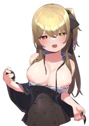 Rule 34 | 1girl, absurdres, assault lily, bare shoulders, black capelet, black ribbon, black skirt, blush, breasts, breasts out, capelet, cleavage, collarbone, collared shirt, commentary request, covered navel, cropped torso, flying button, goe (g-o-e), hair ornament, heterochromia, high-waist skirt, highres, kuo shenlin, large breasts, light brown hair, long hair, looking at viewer, nipples, no bra, off shoulder, one side up, open clothes, open mouth, open shirt, orange eyes, popped button, ribbon, school uniform, shirt, sidelocks, simple background, skirt, sleeveless, sleeveless shirt, solo, undressing, upper body, white background, yellow eyes, yurigaoka girls academy school uniform