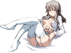 Rule 34 | 1girl, blue eyes, breasts, cigarette, elizabeth f. beurling, garter belt, garter straps, long hair, looking at viewer, lying, medium breasts, on back, open clothes, open shirt, shirt, silver hair, smoking, solo, strike witches, strike witches: suomus misfits squadron, tabigarasu, thighhighs, white background, white shirt, white thighhighs, world witches series