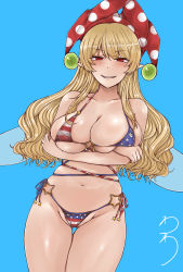 Rule 34 | 1girl, alternate breast size, american flag bikini, american flag print, bare shoulders, bikini, blonde hair, blue background, breast hold, breasts, clownpiece, collarbone, fairy wings, flag print, gluteal fold, hat, highres, jewelry, large breasts, long hair, looking at viewer, pointy ears, polka dot, print bikini, red eyes, red hat, sharp teeth, simple background, skindentation, smile, solo, standing, star (symbol), star print, striped, swimsuit, teeth, thigh gap, touhou, washiwa, wings
