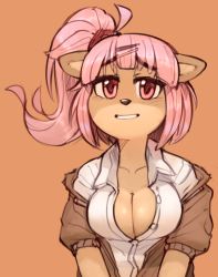 Rule 34 | 1girl, alternate costume, alternate hair color, animal ears, blush, breasts, brown jacket, cleavage, collarbone, crash bandicoot (series), female focus, furry, furry female, hair ornament, hair tie, hairclip, high ponytail, jacket, light blush, long hair, looking at viewer, medium breasts, megumi (crash bandicoot), no bra, off shoulder, open clothes, open shirt, orange background, pink hair, red eyes, shiny skin, shirt, short sleeves, side ponytail, simple background, smile, solo, straight-on, teeth, upper body, wamudraws, white shirt