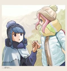 Rule 34 | 2girls, beanie, blue coat, blue eyes, blue hair, blue shawl, coat, commentary request, dated, hand grab, happy birthday, hat, holding hands, horikou, kagamihara nadeshiko, multicolored clothes, multicolored scarf, multiple girls, pink hair, purple eyes, scarf, shawl, shima rin, signature, striped clothes, striped scarf, winter clothes, yurucamp