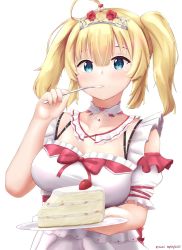 Rule 34 | 1girl, ahoge, akai haato, akai haato (6th costume), artist name, blonde hair, blue eyes, blush, breasts, cake, collar, commentary, dress, eating, english commentary, food, frilled collar, frilled dress, frills, fruit, highres, hololive, large breasts, long hair, looking at viewer, rurikon, strawberry, strawberry shortcake, tiara, twintails, virtual youtuber, white dress