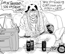 Rule 34 | 1boy, axl low, bandana, bb (baalbuddy), beer can, bread, bread slice, can, commentary, crt, drink can, english commentary, fingerless gloves, food, gloves, greyscale, guilty gear, guinness (beer), highres, holding, holding weapon, jacket, male focus, monochrome, open clothes, open jacket, open mouth, pants, profanity, sitting, solo, sweat, television, toast, weapon, wide-eyed