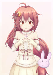 Rule 34 | 1girl, :o, ahoge, alternate costume, bare shoulders, blush, bow, center frills, collarbone, crescent, crescent hair ornament, detached collar, dress, elbow gloves, fidgeting, flat chest, frills, gloves, gradient background, hair bow, hair ornament, index fingers together, kantai collection, long hair, looking at viewer, low-tied long hair, minakami mimimi, open mouth, rabbit hair ornament, raised eyebrows, red bow, red eyes, red hair, red ribbon, ribbon, solo, strapless, strapless dress, tareme, upper body, uzuki (kancolle), very long hair, yellow dress, yellow gloves