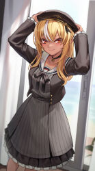 Rule 34 | 1girl, absurdres, beret, black hat, blonde hair, breasts, dress, hat, highres, hololive, long sleeves, looking at viewer, medium breasts, multicolored hair, official alternate costume, red eyes, shiranui flare, shiranui flare (street), smile, solo, streaked hair, striped clothes, striped dress, vertical-striped clothes, vertical-striped dress, virtual youtuber, wszkii