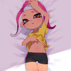 Rule 34 | 1girl, arm up, bad id, bad pixiv id, bike shorts, black shorts, brown eyes, busujima funya, clothes lift, hand on own head, highres, lifting own clothes, lying, navel, nintendo, octoling, octoling girl, octoling player character, on back, purple hair, shirt, shirt lift, short hair, short shorts, short sleeves, shorts, smile, solo, splatoon (series), splatoon 2, splatoon 2: octo expansion, tentacle hair, thigh gap, thighs, yellow shirt