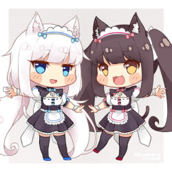 Rule 34 | 2girls, :3, :d, animal ear fluff, animal ears, apron, bell, black shirt, black skirt, black thighhighs, blue bow, blue bowtie, blue eyes, blunt bangs, blush stickers, bow, bowtie, brown hair, cat ears, cat girl, cat tail, chibi, chibi only, chocola (nekopara), commentary, fpsmoe, frilled skirt, frills, grey background, hair bow, happy, jingle bell, jitome, long hair, looking at viewer, low twintails, maid, maid headdress, multiple girls, neck bell, nekopara, open mouth, outstretched arms, outstretched hand, puffy short sleeves, puffy sleeves, red bow, red bowtie, shirt, short sleeves, side-by-side, simple background, skirt, smile, standing, tail, thighhighs, twintails, vanilla (nekopara), very long hair, waist apron, waitress, white apron, white hair, white sleeves, white wrist cuffs, wrist cuffs, yellow eyes, zettai ryouiki
