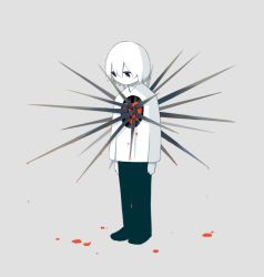 Rule 34 | 1boy, avogado6, black eyes, black footwear, black pants, bleeding, blood, colored skin, commentary request, grey background, heart, heart (organ), hole in chest, hole on body, jitome, male focus, original, pants, shirt, simple background, solo, spikes, white hair, white shirt, white skin