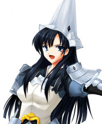 Rule 34 | 1girl, belt, black hair, blue eyes, breasts, buckle, helmet, knight, looking at viewer, outstretched arm, rance (series), ryuushou, sengoku rance, shoulder pads, sidelocks, simple background, skin tight, solo, uesugi kenshin (rance), upper body, white background