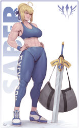 Rule 34 | 1girl, abs, absurdres, ahoge, alternate breast size, alternate muscle size, artoria pendragon (all), artoria pendragon (fate), bag, blonde hair, blue pants, blue sports bra, braid, breasts, character name, cleavage, commentary, duffel bag, excalibur (fate/stay night), fate/stay night, fate (series), hair bun, hands on own hips, highres, large breasts, muscular, muscular female, pants, saber (fate), shoes, single hair bun, sneakers, solo, speedl00ver, sports bra, sword, weapon, yellow eyes, yoga pants