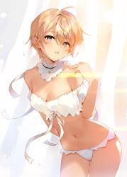 Rule 34 | 1girl, absurdres, ahoge, arm behind back, arutera, backlighting, bare shoulders, blonde hair, blue eyes, bra, breasts, cleavage, collarbone, commentary request, cowboy shot, detached collar, earrings, gluteal fold, hand on own shoulder, highres, jewelry, leaning forward, lens flare, looking at viewer, medium breasts, mole, mole on thigh, navel, off shoulder, original, panties, parted lips, pointy ears, short hair, solo, stud earrings, thigh gap, thighhighs, underwear, underwear only, white bra, white panties