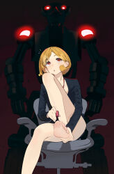 Rule 34 | 1girl, applying pedicure, barefoot, black jacket, blonde hair, chair, glowing, highres, jacket, legs, long sleeves, mechanical arms, nail polish, non-humanoid robot, office chair, office lady, open mouth, original, painting toenails, red eyes, robot, sekoshi (some1else45), short hair, solo, some1else45, swivel chair