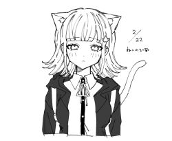 Rule 34 | 1girl, :&lt;, animal ears, blunt bangs, blush, breasts, cat ears, cat girl, cat tail, cropped torso, danganronpa (series), danganronpa 2: goodbye despair, dated, dress shirt, greyscale, hood, hood down, jacket, large breasts, looking at viewer, monochrome, nanami chiaki, open clothes, open jacket, ru-pe (gstm 0915), shirt, solo, spaceship hair ornament, tail, translation request, upper body