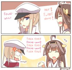 Rule 34 | +++, 10s, 2girls, 2koma, ahoge, anger vein, angry, blonde hair, blue eyes, brown hair, comic, english text, closed eyes, german text, graf zeppelin (kancolle), hat, headgear, kantai collection, kongou (kancolle), multiple girls, open mouth, profanity, rexlent, smile, tears, twitter username