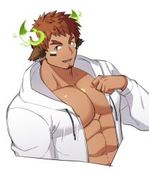 Rule 34 | 1boy, animal ears, asutarou, bara, brown hair, facial hair, fiery horns, forked eyebrows, glowing horns, horns, looking at viewer, male focus, muscular, native american, pectorals, short hair, simple background, smile, solo, thick eyebrows, tokyo houkago summoners, upper body, wakan tanka