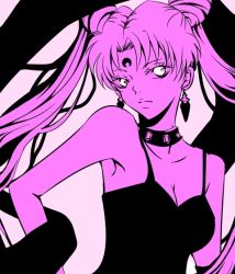 Rule 34 | 1990s (style), 1girl, artist request, bare shoulders, bishoujo senshi sailor moon, bishoujo senshi sailor moon r, black lady (sailor moon), breasts, chibi usa, choker, cleavage, close-up, crescent, earrings, jewelry, long hair, pink theme, retro artstyle, simple background, solo, twintails
