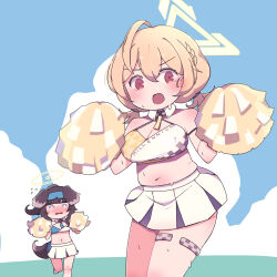 Rule 34 | 2girls, ?, ahoge, bare shoulders, blonde hair, blue archive, blue sky, blush, braid, breasts, brown eyes, brown hair, brown tail, cheerleader, cleavage, cloud, commentary request, cowboy shot, crop top, day, dog girl, hair between eyes, halo, highres, holding, holding pom poms, horoyuki (gumizoku), kotori (blue archive), kotori (cheer squad) (blue archive), large breasts, long hair, looking at viewer, midriff, millennium cheerleader outfit (blue archive), miniskirt, muffin top, multiple girls, navel, no nose, open mouth, outdoors, pleated skirt, pom pom (cheerleading), pom poms, short twintails, skirt, sky, sweat, tareme, thighlet, twintails, white skirt, wing collar, yellow halo