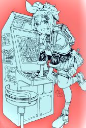Rule 34 | 1girl, arcade cabinet, backpack, bag, boots, bow, choker, controller, detached sleeves, fang, full body, hair bow, hair ornament, hairclip, hairpin, highres, id card, indie virtual youtuber, joystick, kanikan taberu, leg up, looking at viewer, medium hair, off shoulder, red background, renko blaster, sidelocks, signature, skin fang, socks, solo, stool, thigh strap, virtual youtuber