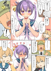 Rule 34 | !, 10s, 1boy, 2girls, admiral (kancolle), akebono (kancolle), alternate hairstyle, anchor, animal, animal on head, animal on shoulder, b-ginga, bandaid, bell, blush, check translation, clenched hand, comic, crab, disgust, fidgeting, flower, frown, hair bell, hair flower, hair ornament, hat, holding, holding own hair, jingle bell, kantai collection, light brown hair, long hair, looking down, military, military uniform, multiple girls, oboro (kancolle), on head, open mouth, pet, purple eyes, purple hair, school uniform, serafuku, short hair, spoken exclamation mark, translation request, tsundere, twintails, uniform, wavy mouth