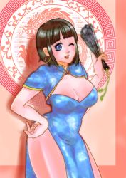 Rule 34 | 1girl, absurdres, black hair, breasts, chinese clothes, female focus, hand fan, highres, menace (queen&#039;s blade), one eye closed, queen&#039;s blade, risora anri, solo, wink