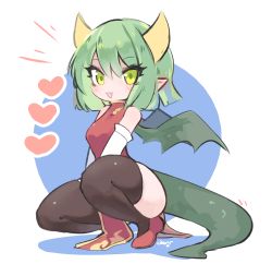 Rule 34 | 1girl, :d, black thighhighs, ceroro, china dress, chinese clothes, draco centauros, dragon girl, dragon horns, dragon tail, dragon wings, dress, footwear request, green eyes, green tail, green wings, hair between eyes, heart, highres, horns, looking at viewer, medium hair, open mouth, pointy ears, puyopuyo, red dress, simple background, smile, solo, tail, thighhighs, white background, wings
