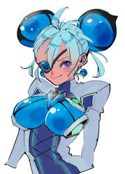 Rule 34 | 1girl, bad id, bad pixiv id, blue hair, breasts, closed mouth, earrings, eyepatch, jewelry, juliet sleeves, large breasts, light blue hair, long sleeves, looking at viewer, nintendo, praxis (xenoblade), puffy sleeves, purple eyes, shiomi (lowrise), short hair, simple background, smile, solo, upper body, white background, xenoblade chronicles (series), xenoblade chronicles 2