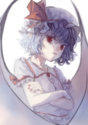 Rule 34 | 1girl, bat wings, blue hair, brooch, chong tazi, closed mouth, collared shirt, crossed arms, expressionless, eyelashes, fingernails, frilled shirt collar, frills, hair between eyes, hat, hat ribbon, highres, jewelry, looking at viewer, mob cap, nail polish, red eyes, red nails, red ribbon, remilia scarlet, ribbon, shirt, short hair, short sleeves, simple background, solo, touhou, upper body, white background, white hat, white shirt, wings