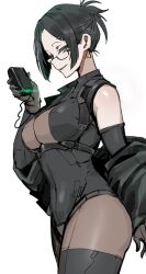 Rule 34 | 1girl, absurdres, armored core, armored core 6, black hair, black thighhighs, breasts, brown gloves, detached sleeves, glasses, gloves, green eyes, hair ornament, hairclip, highres, jacket, kate markson, large breasts, las91214, looking at viewer, open clothes, open jacket, radio, receiver, sleeveless, smug, solo focus, thighhighs, white background