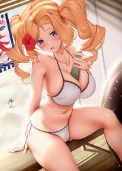 Rule 34 | 1girl, absurdres, arm support, bare legs, bikini, blonde hair, blue eyes, blush, breasts, cleavage, collarbone, commentary request, drill hair, etsunami kumita, fingernails, flower, hair flower, hair ornament, highres, honolulu (kancolle), innertube, kantai collection, large breasts, long hair, looking at viewer, navel, open mouth, picnic table, ramune, side-tie bikini bottom, sidelocks, signature, sitting, skindentation, smile, solo, swim ring, swimsuit, table, thighs, twin drills, white bikini