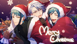 Rule 34 | 13 (bbr584607091), 3boys, annoyed, azul ashengrotto, black hair, brown eyes, brown gloves, chestnut mouth, christmas ornaments, clenched hand, closed eyes, commentary, floyd leech, glasses, gloves, gradient background, green hair, happy, hat, heterochromia, holding, holding sack, hug, hug from behind, jade leech, merry christmas, multicolored hair, multiple boys, open mouth, pom pom (clothes), purple background, purple eyes, purple hair, red background, sack, santa costume, santa hat, sharp teeth, smile, snowflakes, streaked hair, symbol-only commentary, teeth, twisted wonderland, upper body, yellow eyes