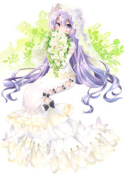 Rule 34 | 1girl, ahoge, azur lane, black bow, blush, bouquet, bow, bridal veil, commentary request, covered mouth, detached sleeves, dress, flower, full body, hair between eyes, hair bun, head tilt, highres, holding, holding bouquet, kawanobe, long hair, long sleeves, looking at viewer, one side up, partial commentary, purple eyes, purple hair, rose, see-through, side bun, single hair bun, single side bun, sitting, sleeveless, sleeveless dress, solo, unicorn (azur lane), veil, very long hair, white background, white dress, white flower, white rose