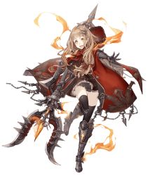 Rule 34 | &gt;:d, 1girl, :d, armored boots, blonde hair, boots, chain, eyes visible through hair, full body, gauntlets, hair ornament, hairclip, hood, hood down, jino, red riding hood (sinoalice), official art, orange eyes, polearm, ribbon, sinoalice, solo, standing, standing on one leg, thighhighs, transparent background, trident, v-shaped eyebrows, weapon