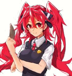 Rule 34 | 1girl, collared shirt, hair ornament, highres, long hair, maido mido, necktie, original, red eyes, red hair, shiratan, shirt, smile, solo, twintails, twintails day, uniform