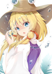 Rule 34 | 1girl, blonde hair, blue eyes, bright pupils, brown hat, commentary request, from side, furrowed brow, hair ribbon, hat, head tilt, holding water, long sleeves, looking at viewer, looking back, moriya suwako, parted lips, partial commentary, purple vest, ribbon, rururiaru, shaded face, shirt, short hair, sidelocks, simple background, solo, touhou, v-shaped eyebrows, vest, water drop, white background, white shirt, wide sleeves