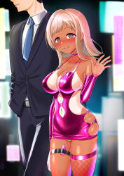 Rule 34 | 1boy, 1girl, absurdres, arm at side, bag, bare shoulders, belt, black hair, black jacket, black pants, blonde hair, blue necktie, blurry, blurry background, blush, bodycon, breasts, brown eyes, buttons, cameltoe, choker, cleavage, closed mouth, clothing cutout, collarbone, collared shirt, condom box, controller, covered erect nipples, cowboy shot, detached sleeves, dress, earrings, english text, eyeliner, faceless, faceless male, fishnet thighhighs, fishnets, formal, green panties, half-closed eyes, hand up, happy, harigane mutsumi (harigane623), head out of frame, heart, heart-shaped pupils, heart choker, highres, holding, holding bag, idolmaster, idolmaster shiny colors, jacket, jewelry, large breasts, lipstick, long hair, long sleeves, looking at viewer, makeup, nail polish, navel, navel cutout, navel piercing, necktie, night, nose blush, o-ring dress, okamoto condoms, one-piece tan, outdoors, panties, pants, panty peek, piercing, pink eyeliner, pink lips, producer (idolmaster), public indecency, pussy juice, red choker, red dress, red nails, red sleeves, red thighhighs, remote control, remote control vibrator, ring, sakuragi mano, sex toy, shiny clothes, shirt, short dress, short hair, side cutout, sidelocks, single thighhigh, skin tight, skindentation, sleeveless, sleeveless dress, smile, solo focus, standing, string panties, suit, sweat, symbol-shaped pupils, tan, tanline, thigh strap, thighhighs, underwear, vibrator, vibrator under clothes, vibrator under panties, walking, waving, white shirt