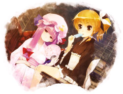 Rule 34 | 2girls, alternate hairstyle, bare legs, blonde hair, blunt bangs, book, bookshelf, bow, braid, brown hair, chinchickrin, closed eyes, dutch angle, female focus, food, grin, hair bow, hand fan, head tilt, japanese clothes, kimono, kirisame marisa, large bow, legs, library, multiple girls, obi, one eye closed, paper fan, patchouli knowledge, ponytail, popsicle, purple eyes, purple hair, sash, side braid, sitting, smile, staring, table, touhou, uchiwa, voile, wince, wink