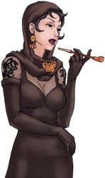 Rule 34 | 1girl, ace attorney, breasts, cleavage, dee vasquez, earrings, female focus, hood, jewelry, lips, official art, smoking pipe, solo