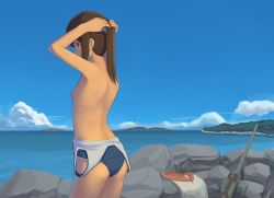 Rule 34 | 10s, 1girl, ass, breasts, brown eyes, brown hair, day, i-401 (kancolle), kantai collection, nipples, ocean, one-piece swimsuit, outdoors, ponytail, school swimsuit, small breasts, solo, swimsuit, taji (crowview), topfreedom, topless