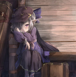 Rule 34 | 1girl, black cape, black skirt, blue bow, bow, brown hat, cape, commentary, english commentary, flat cap, granblue fantasy, grey footwear, hair bow, hair over one eye, harvin, hat, highres, hikari niji, long sleeves, looking at viewer, niyon (granblue fantasy), niyon (violet anonymity) (granblue fantasy), pleated skirt, pointy ears, puffy long sleeves, puffy sleeves, purple eyes, purple shirt, shirt, sidelocks, silver hair, sitting, skirt, solo, suitcase