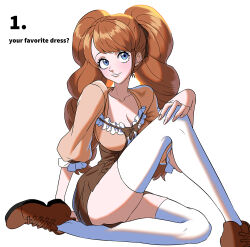 Rule 34 | 1girl, alternate costume, arm support, blue eyes, blush, breasts, brown dress, brown footwear, charlotte pudding, cleavage, closed mouth, collarbone, commentary, dress, english commentary, english text, frilled dress, frills, hand on own knee, long hair, medium breasts, one piece, rita ya, shoes, short dress, simple background, sitting, smile, solo, thighhighs, thighs, twintails, white background, white thighhighs