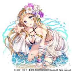 Rule 34 | 1girl, anklet, bangle, bikini, blonde hair, blue eyes, blunt bangs, blush, bracelet, breasts, cleavage, fantasy, flower, flower bracelet, hair flower, hair ornament, hakuda tofu, highres, jewelry, large breasts, long hair, looking at viewer, monster collect, ocean, official art, see-through, shell hair ornament, simple background, smile, solo, swimsuit, thighlet, thighs, very long hair, water, white background, white bikini