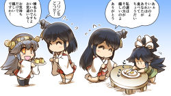 Rule 34 | 10s, 4girls, :&gt;, black hair, black legwear, camouflage, chair, cutting, detached sleeves, egg, egg (food), closed eyes, flying sweatdrops, food, fried egg, fusou (kancolle), hair between eyes, hair ornament, hair ribbon, haruna (kancolle), headband, height difference, hisahiko, japanese clothes, kantai collection, katsuragi (kancolle), kneeling, knife, leaning forward, long hair, looking down, messy hair, miniskirt, multiple girls, nontraditional miko, pleated skirt, ponytail, pudding, red skirt, ribbon, short hair, skirt, star-shaped pupils, star (symbol), sunny side up egg, symbol-shaped pupils, table, thighhighs, translation request, white legwear, white ribbon, wide sleeves, yamashiro (kancolle), yellow eyes, aged down, | |